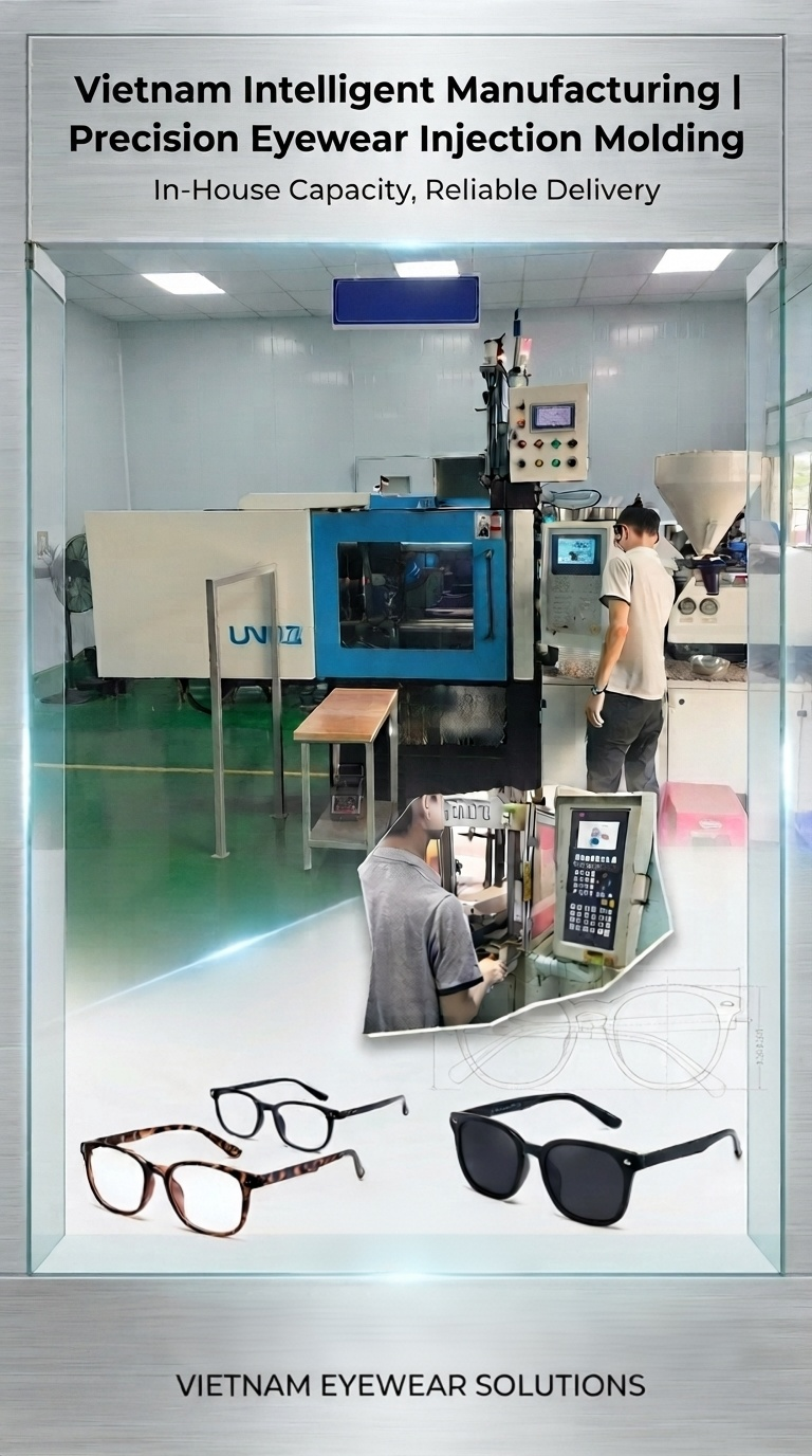 Mostrando nuestro taller propio de moldeo por inyección de precisión inteligente en nuestro centro de fabricación de gafas en Vietnam.